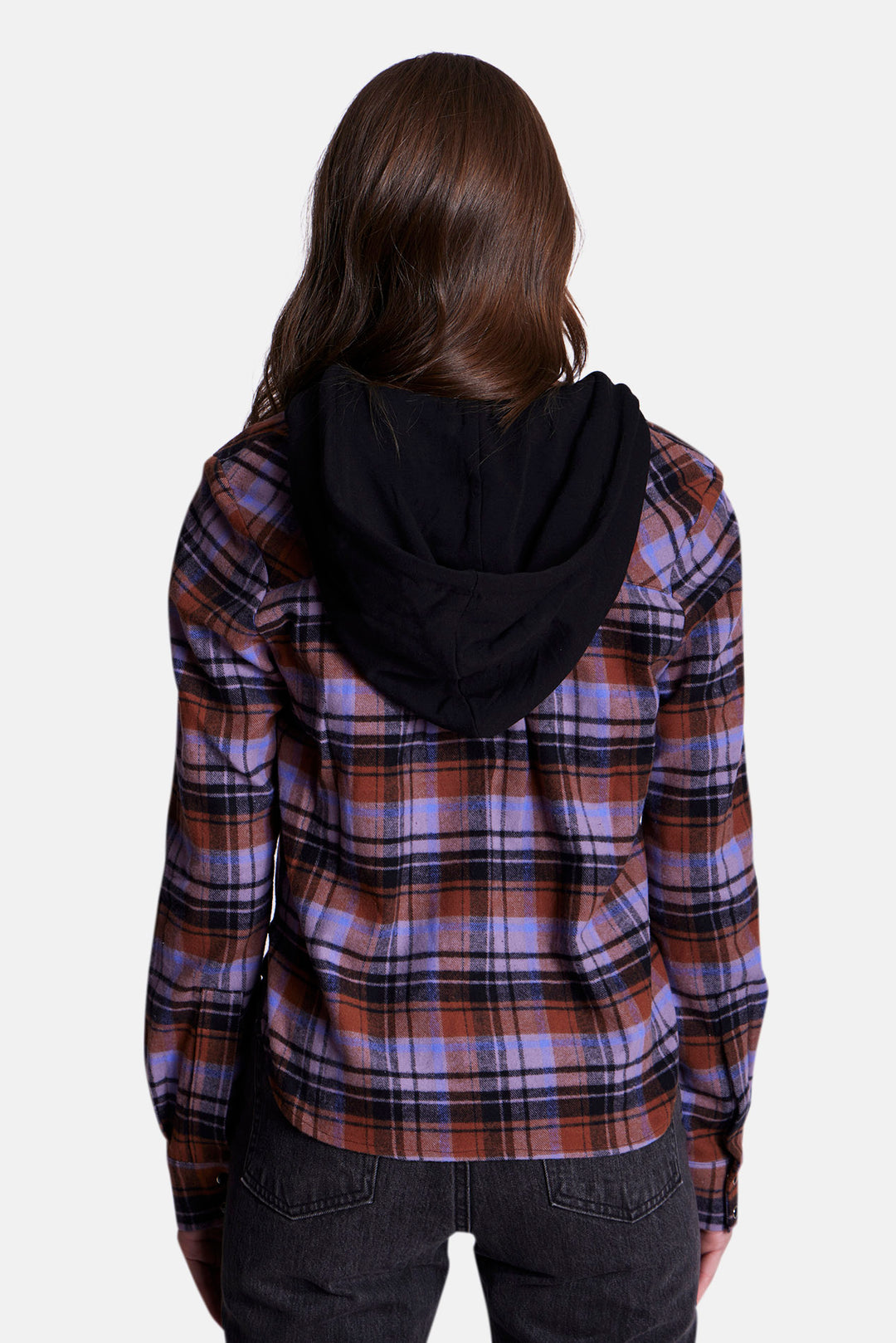 Brenda Brushed Flannel Shirt Purple/Blue Plaid w/ Black Hood