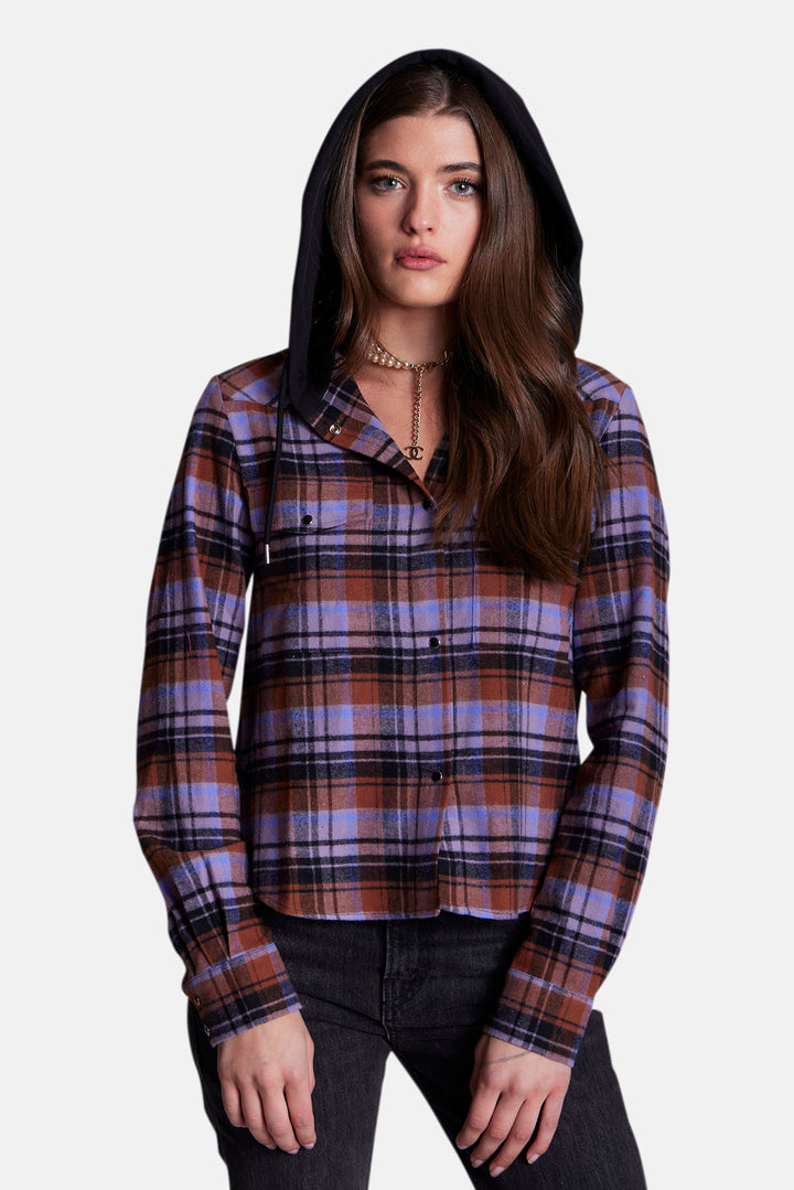 Brenda Brushed Flannel Shirt Purple/Blue Plaid w/ Black Hood