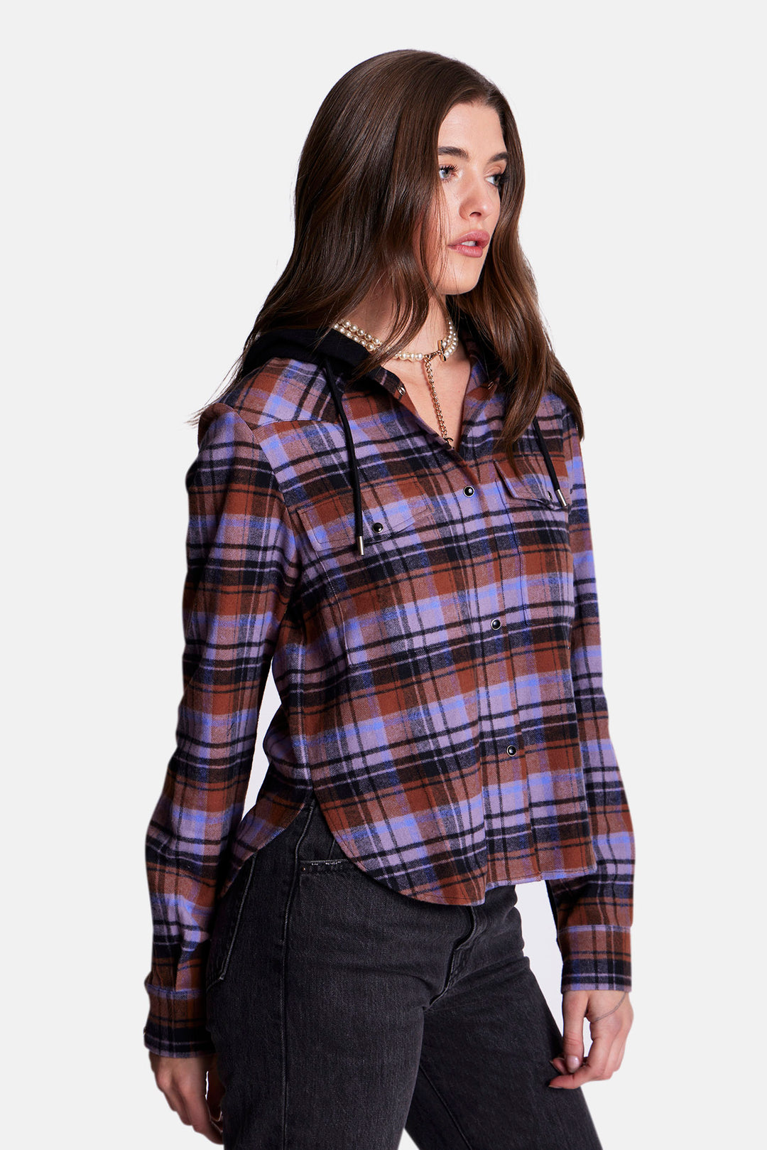 Brenda Brushed Flannel Shirt Purple/Blue Plaid w/ Black Hood