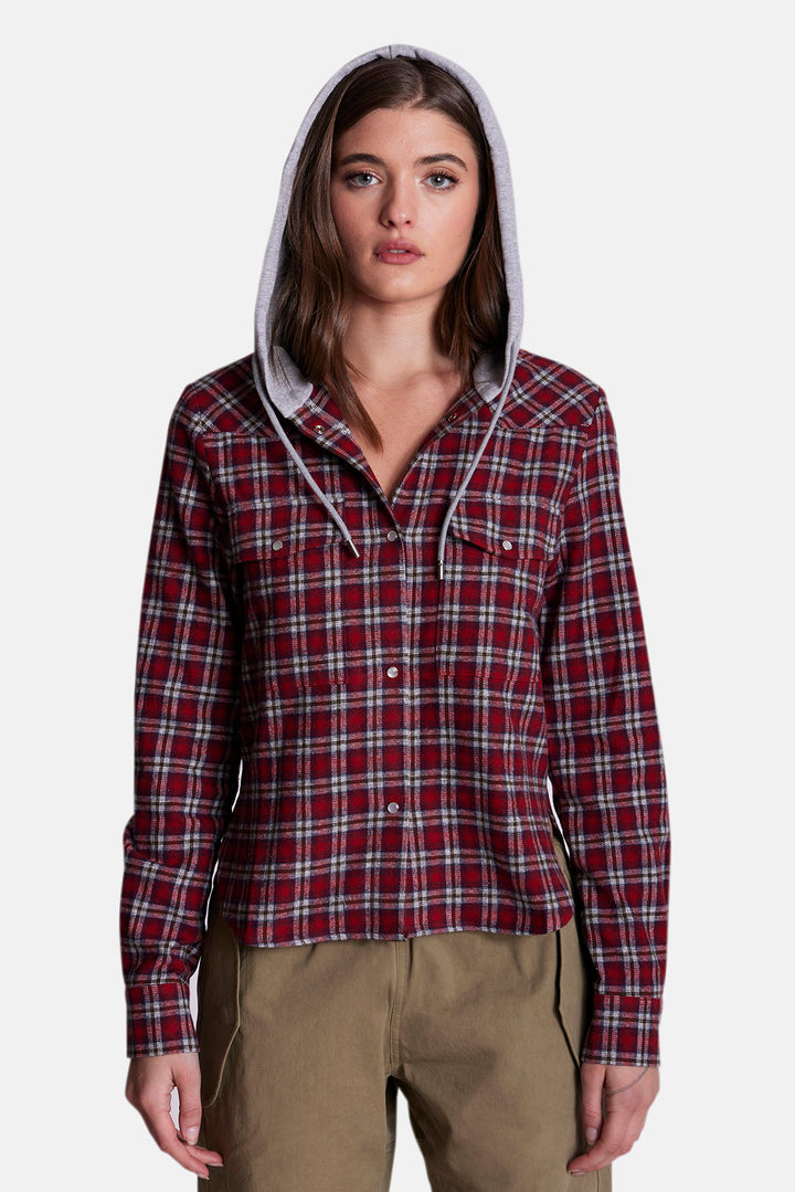 Brenda Brushed Flannel Shirt Red Plaid w/ Grey Hood