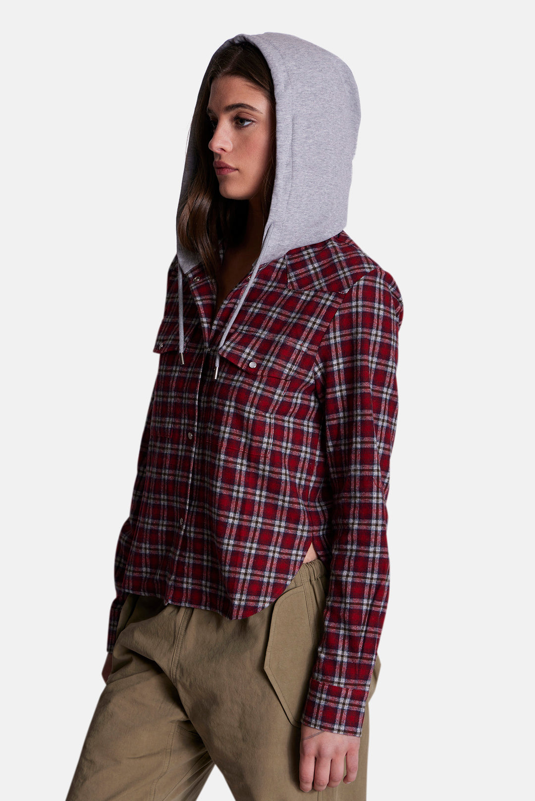 Brenda Brushed Flannel Shirt Red Plaid w/ Grey Hood
