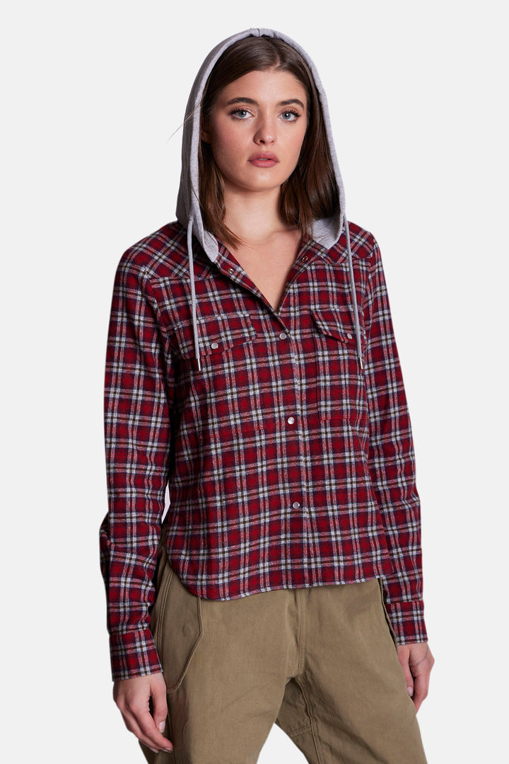 Brenda Brushed Flannel Shirt Red Plaid w/ Grey Hood