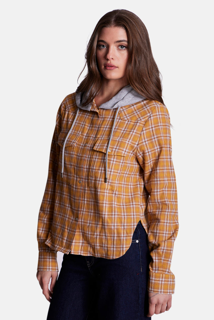 Brenda Brushed Flannel Shirt Yellow Plaid w/ Grey Hood
