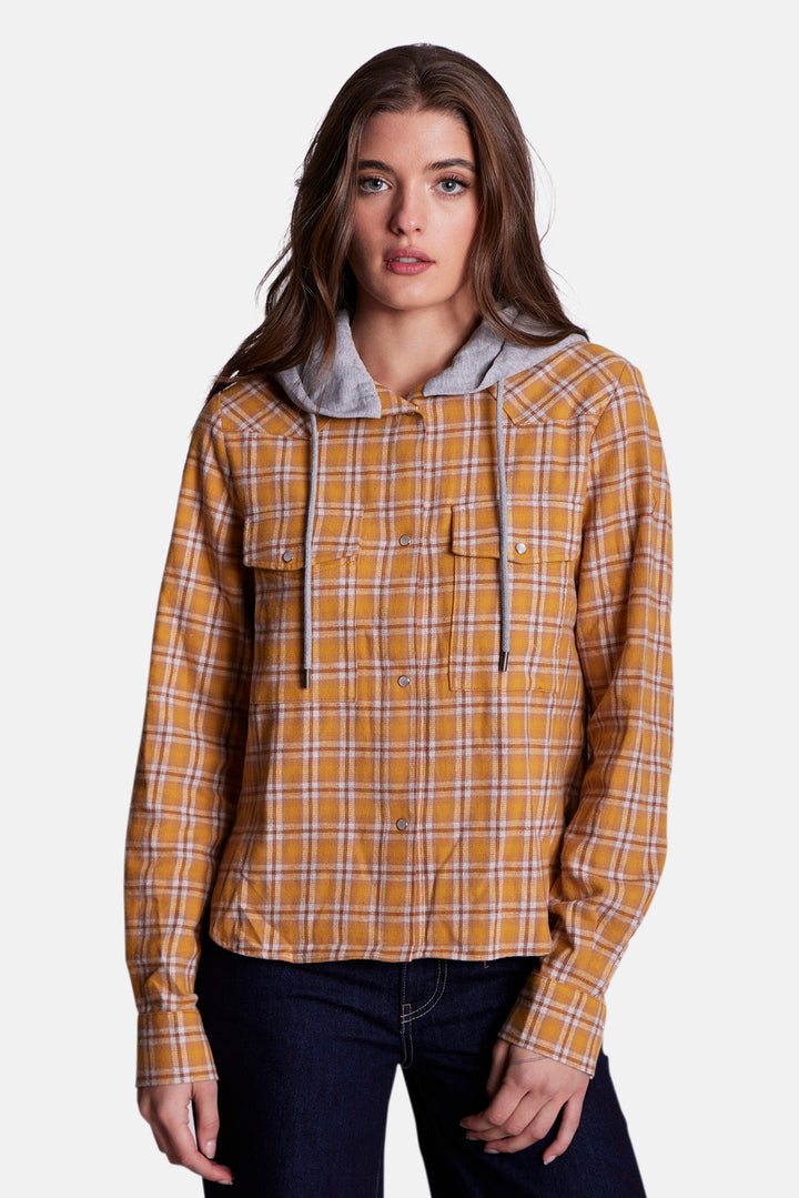 Brenda Brushed Flannel Shirt Yellow Plaid w/ Grey Hood