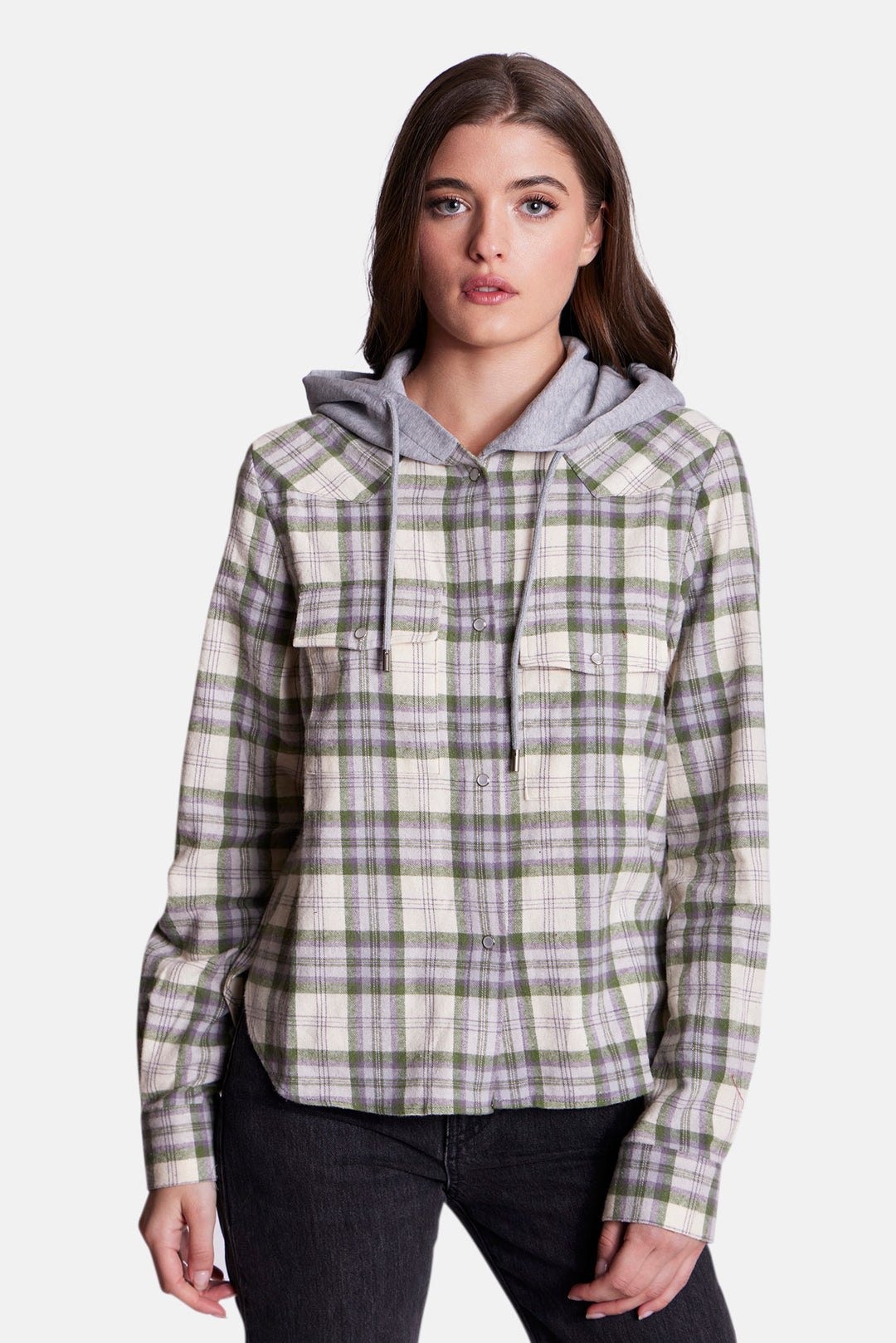 Brenda Flannel Shirt Olive/Cream Plaid w/ Grey Hood