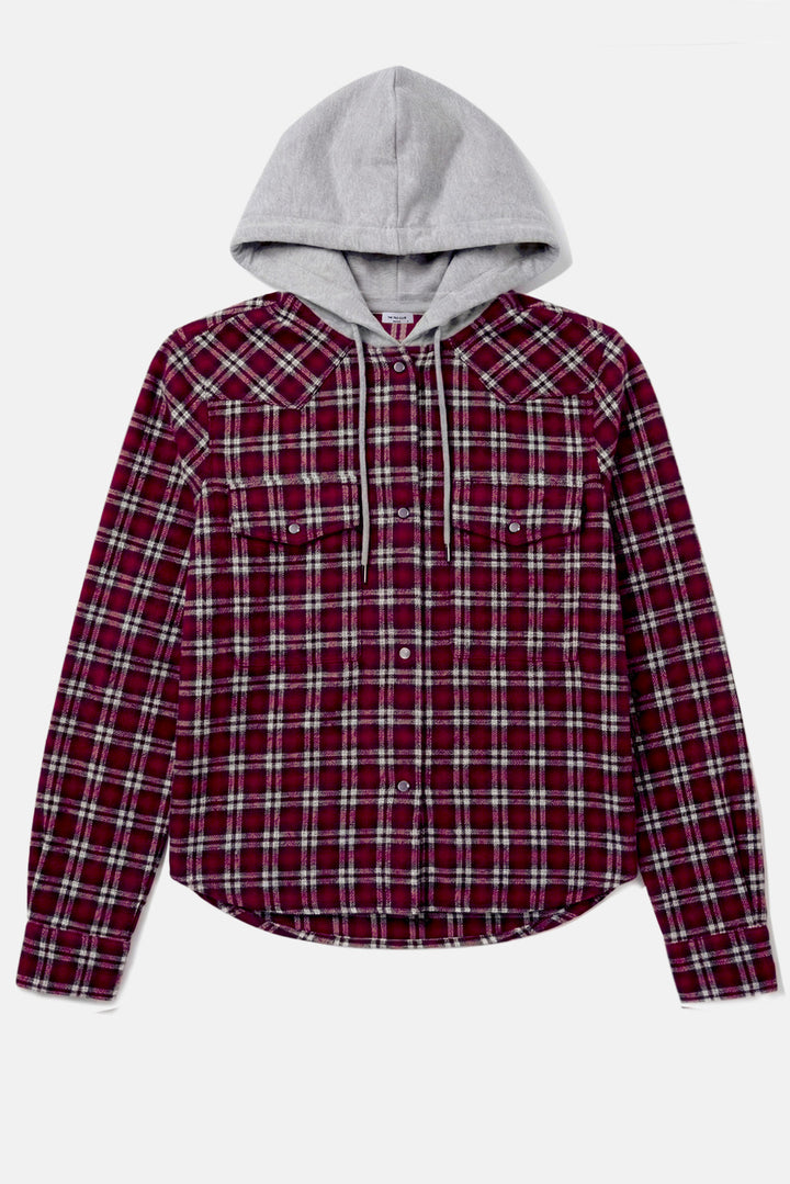 Brenda Brushed Flannel Shirt Red Plaid w/ Grey Hood