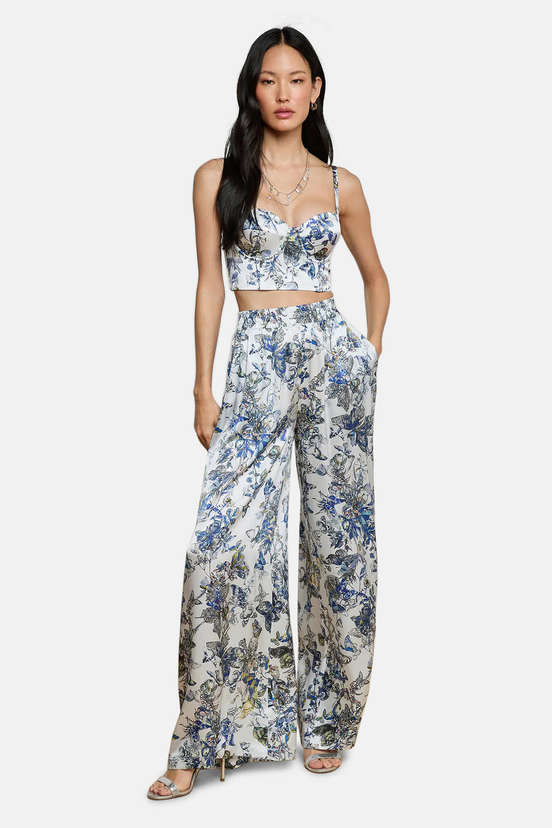 Lillian Silk Wide-Leg Pant Grey Multi Watercolor Butterfly