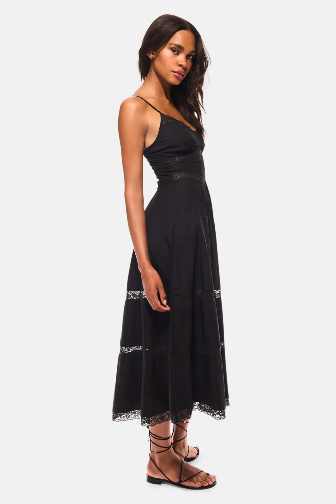 Catryn Lace Bow Cotton Midi Dress Black