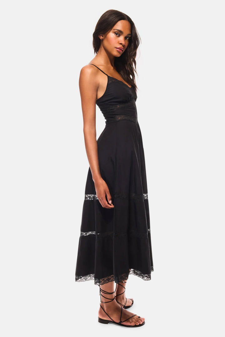 Catryn Lace Bow Cotton Midi Dress Black