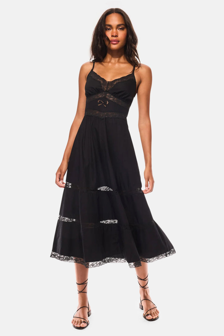Catryn Lace Bow Cotton Midi Dress Black