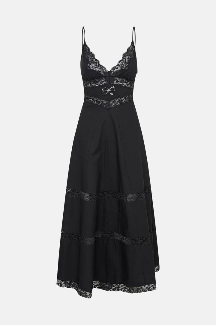 Catryn Lace Bow Cotton Midi Dress Black