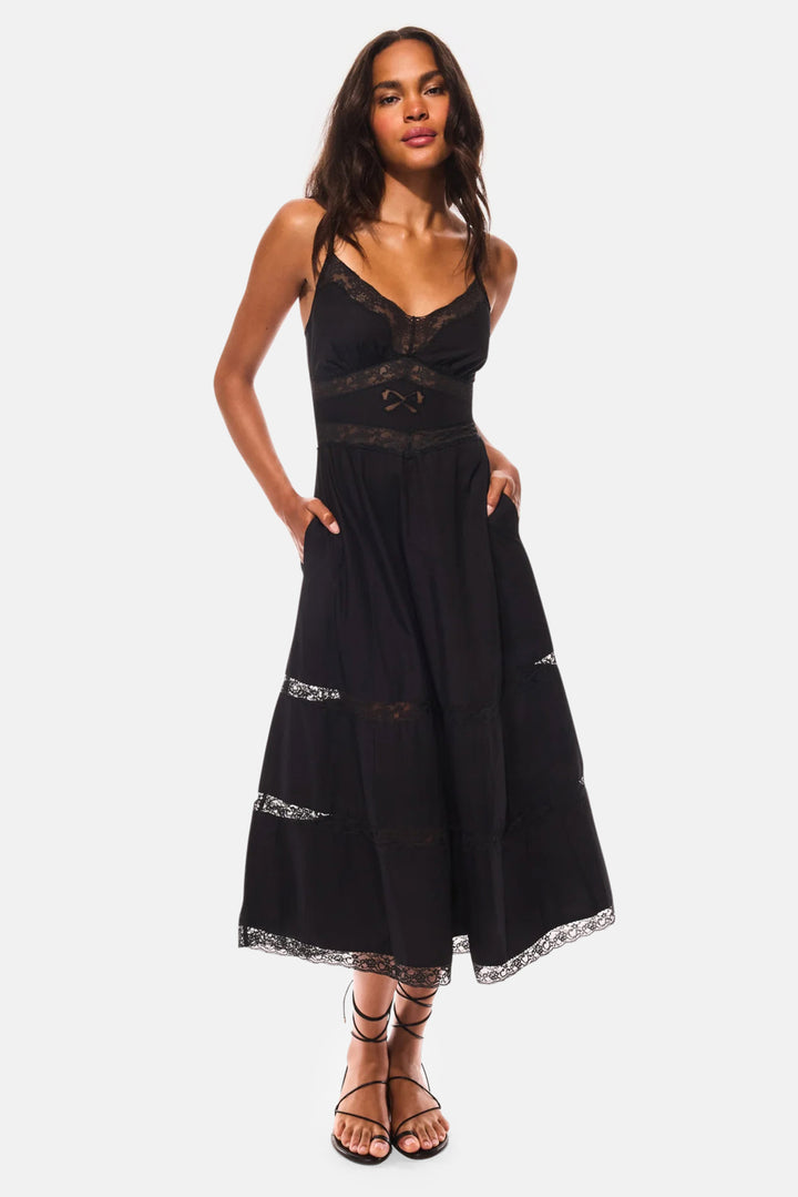 Catryn Lace Bow Cotton Midi Dress Black