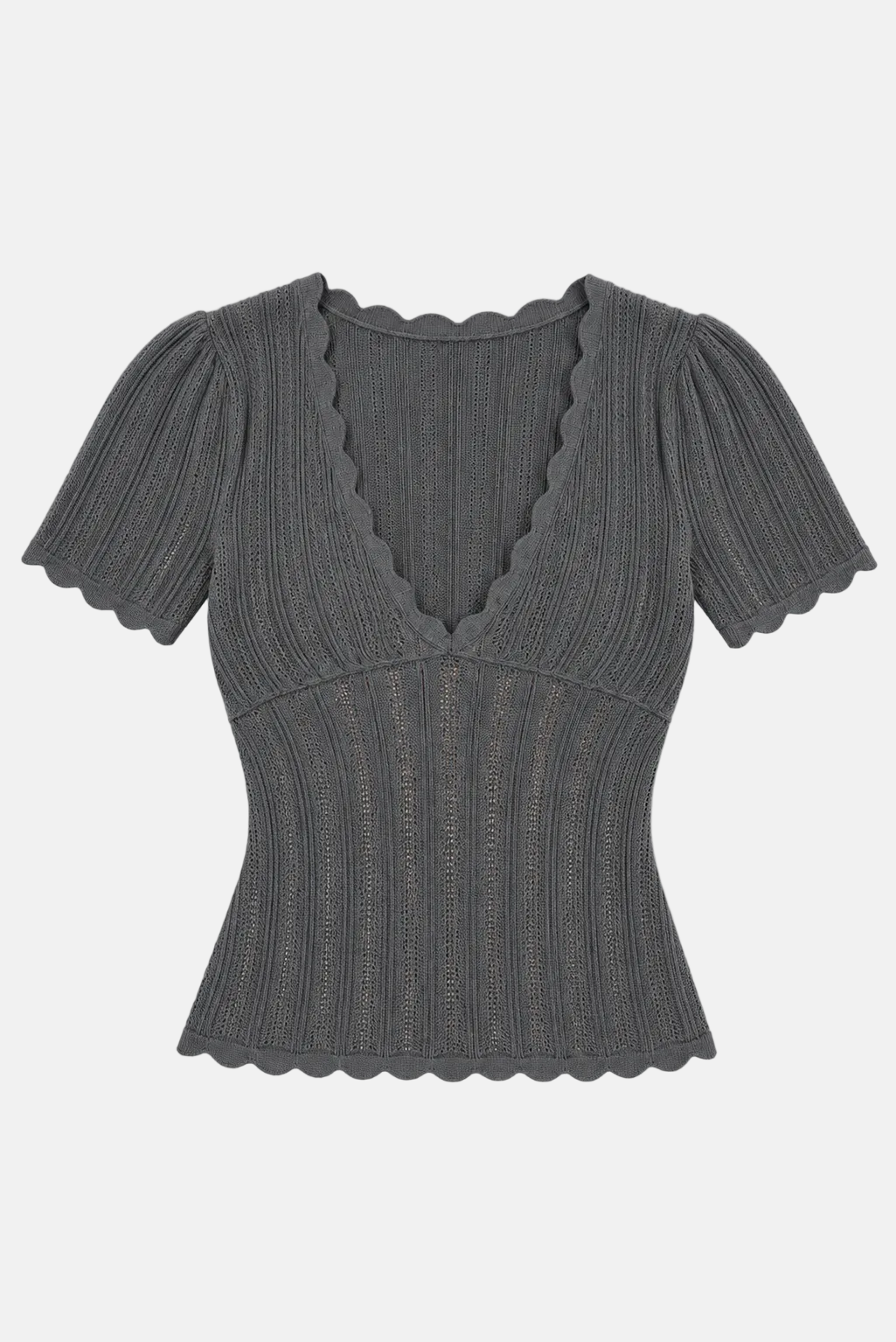 Kaia Pointelle V-Neck Top Slate