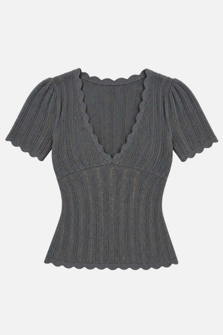 Kaia Pointelle V-Neck Top Slate