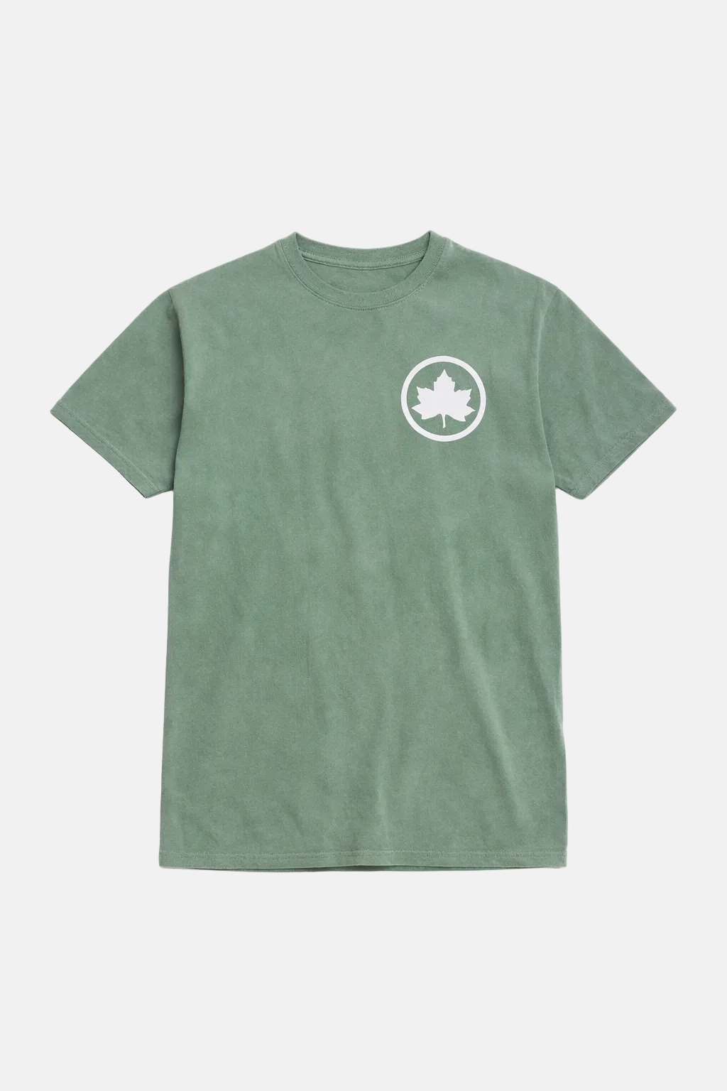 Green t-shirt with a white logo on a light gray background