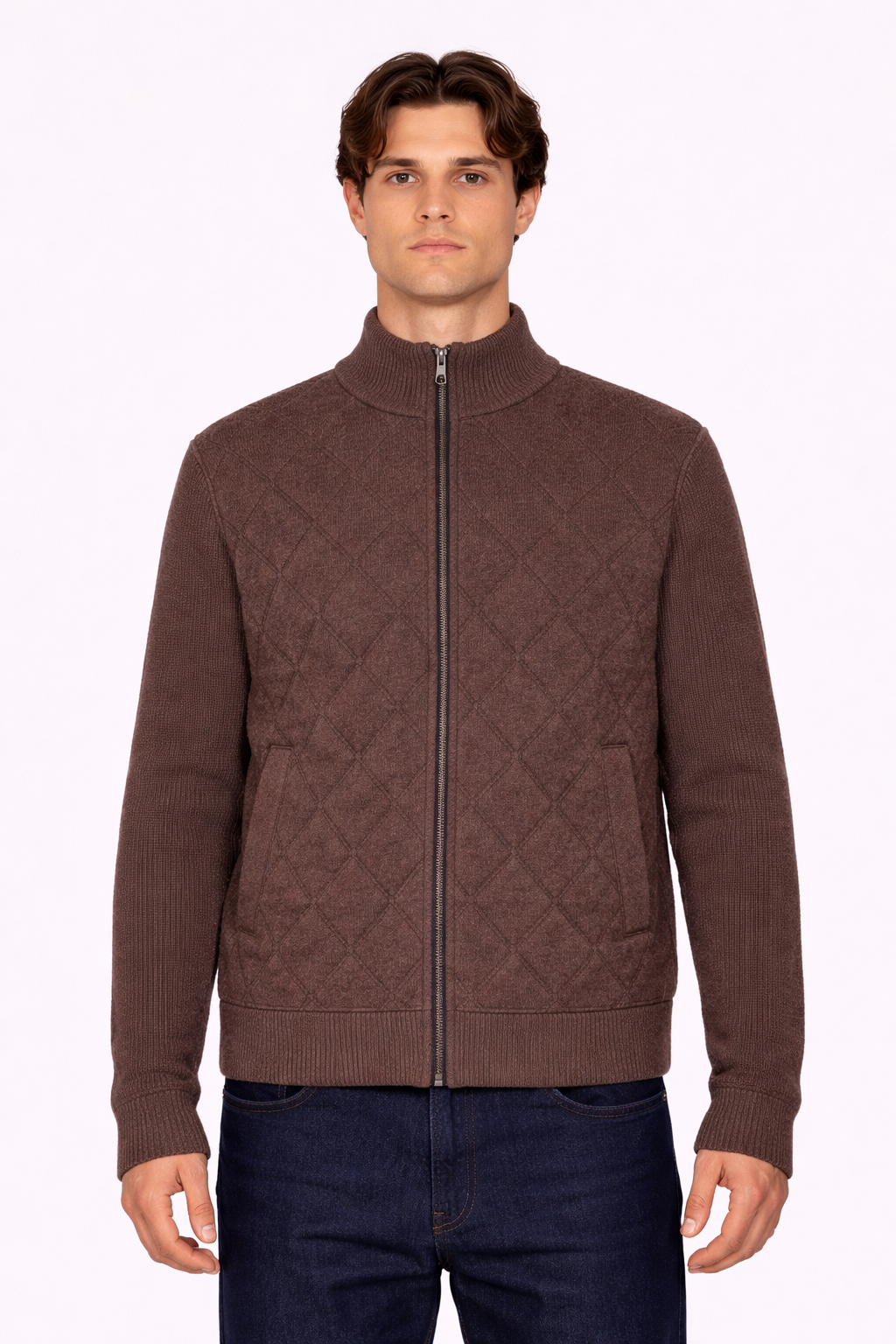 Cashmere Quilted Combo Zip Dark Brown