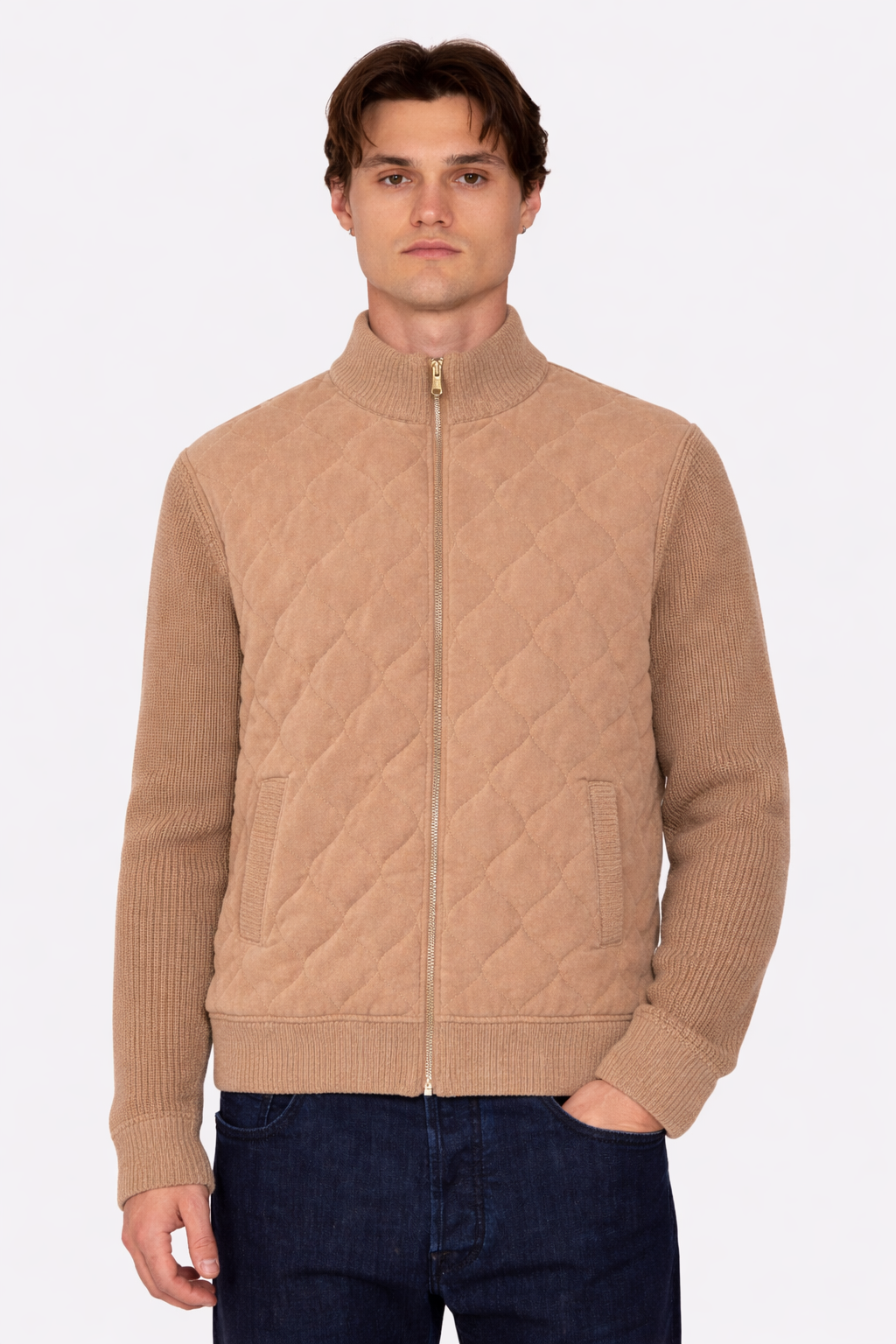 Cashmere Quilted Combo Zip Light Brown