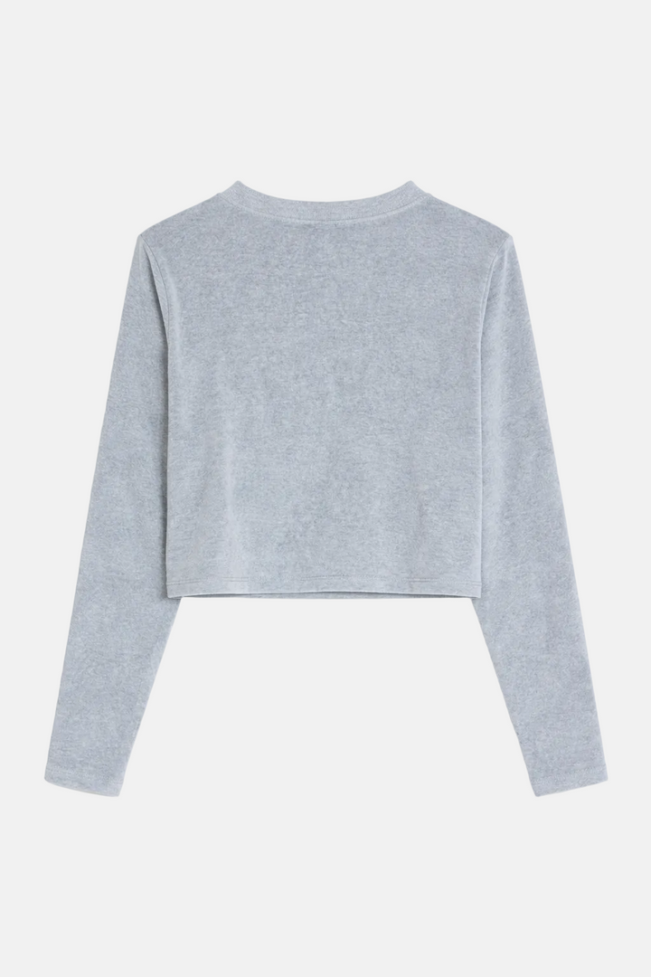 Light gray long-sleeve crop top on a white background