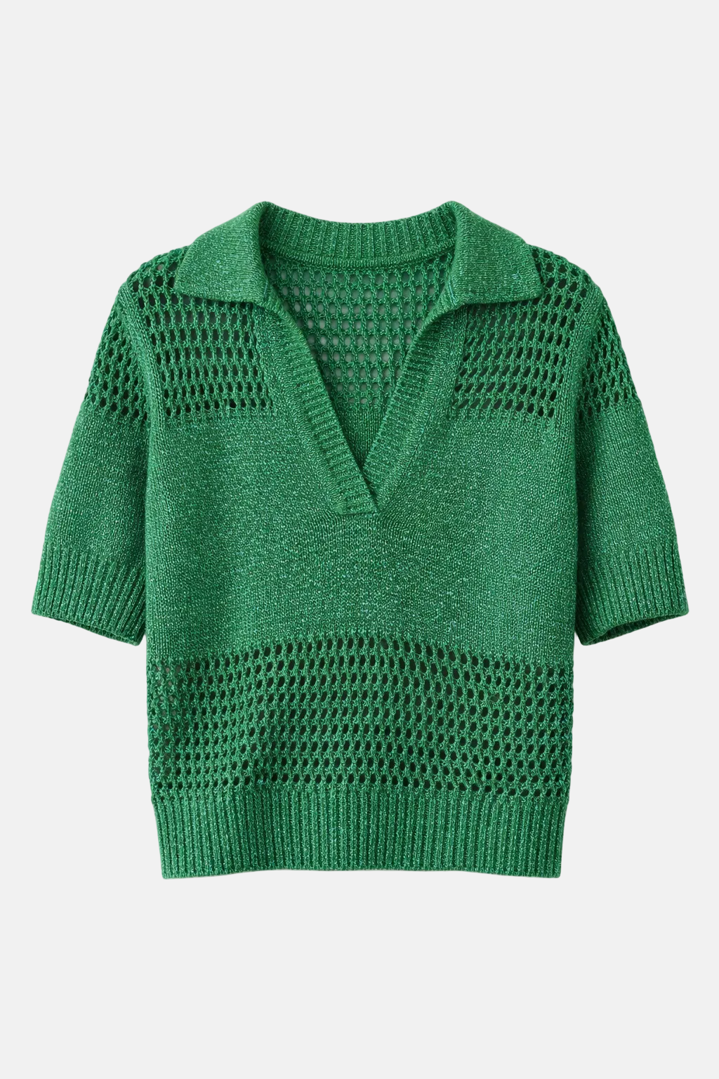 Slightly Oversized Open Knit Polo in Silk Blend Yarn Martini Olive / Chesapeake Bay