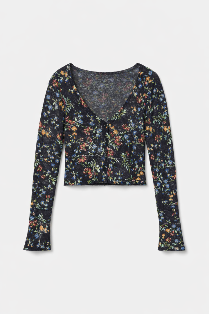 Noa Floral Shrunken Cardigan Black