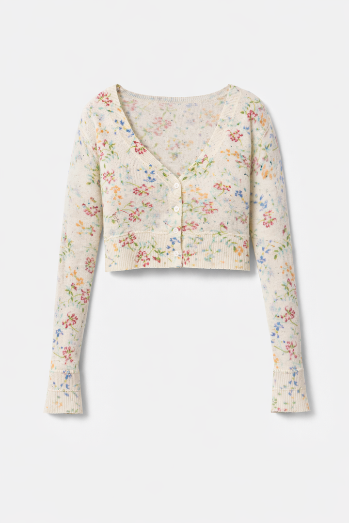 Noa Floral Shrunken Cardigan White