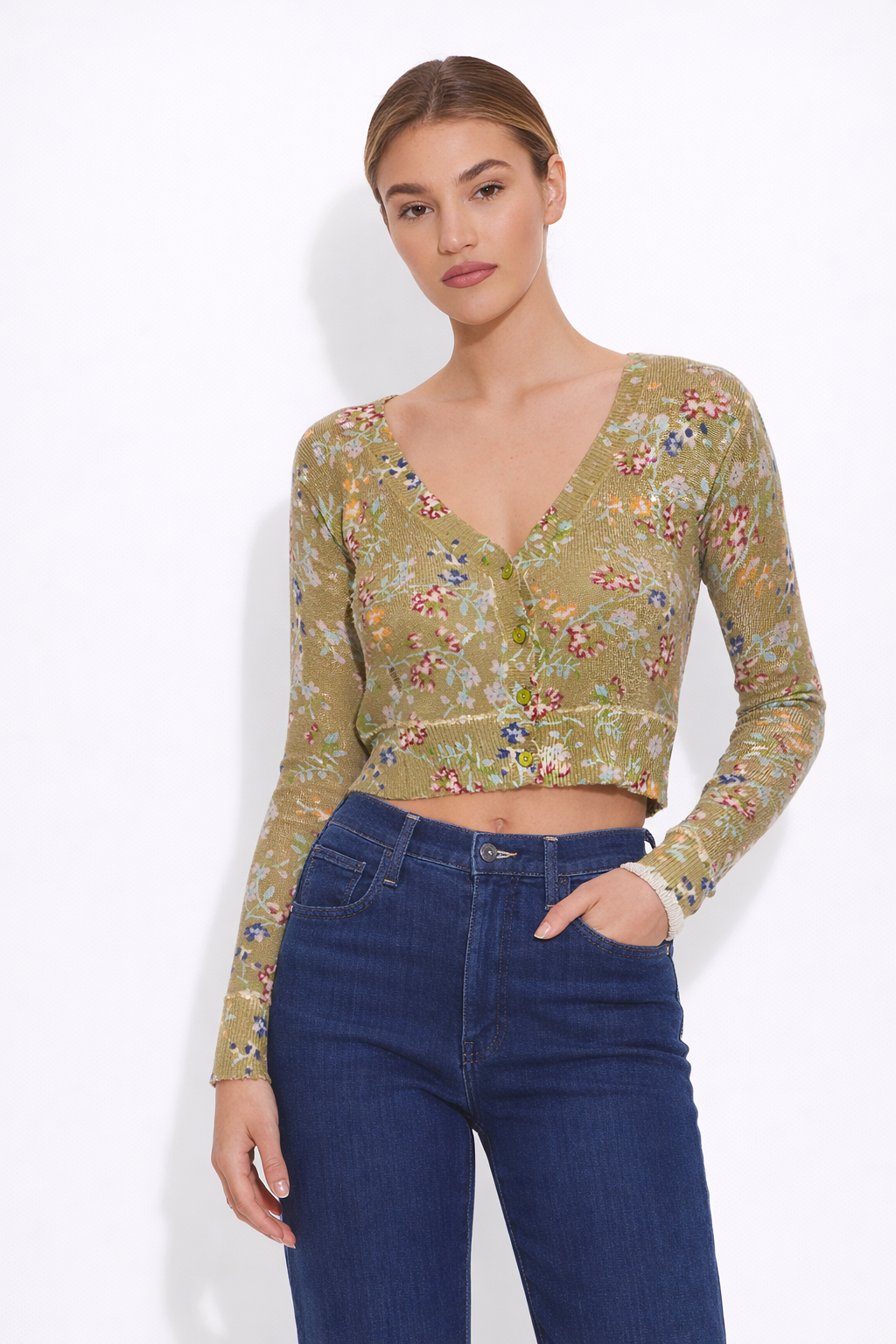 Noa Floral Shrunken Cardigan Olive
