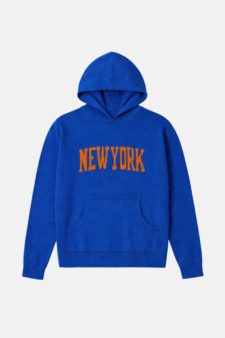 New York Cashmere Intarsia Hoodie Diamond Blue