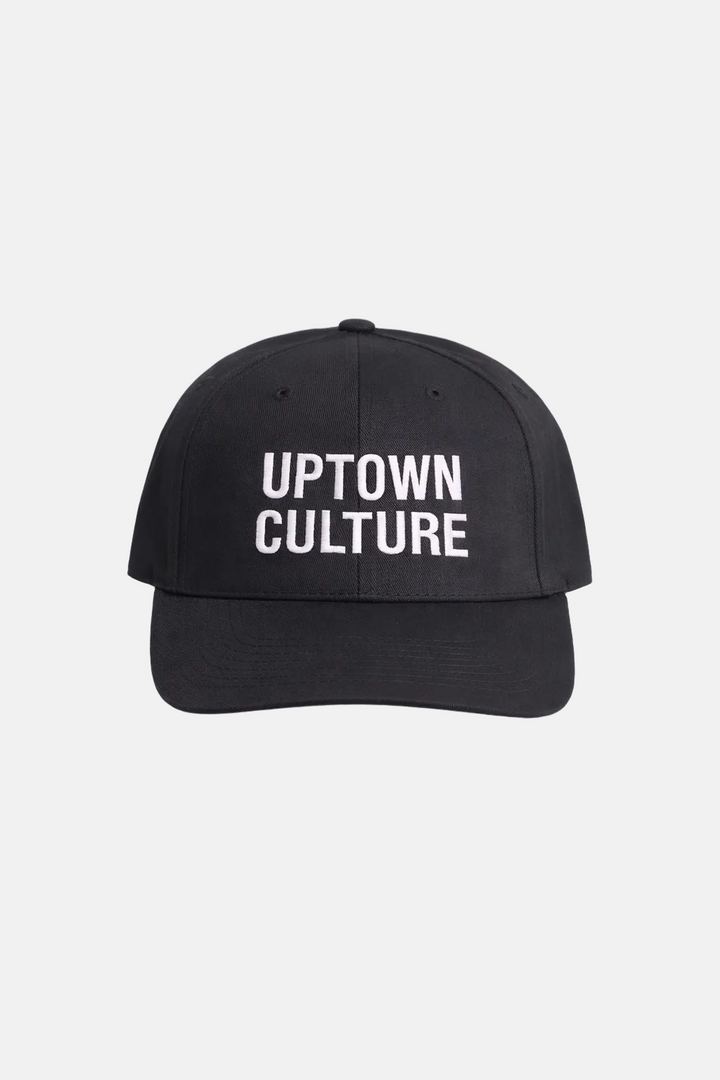 Black cap with 'Uptown Culture' text on a white background