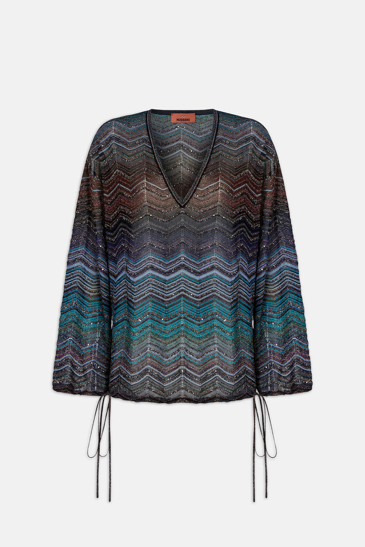 Chevron Lamé Viscose Blouse w/ Sequins Dark Tones - Green & Brown