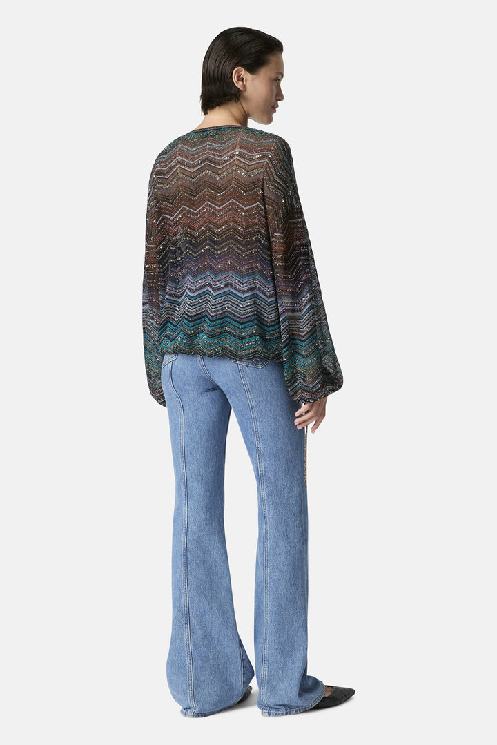 Chevron Lamé Viscose Blouse w/ Sequins Dark Tones - Green & Brown