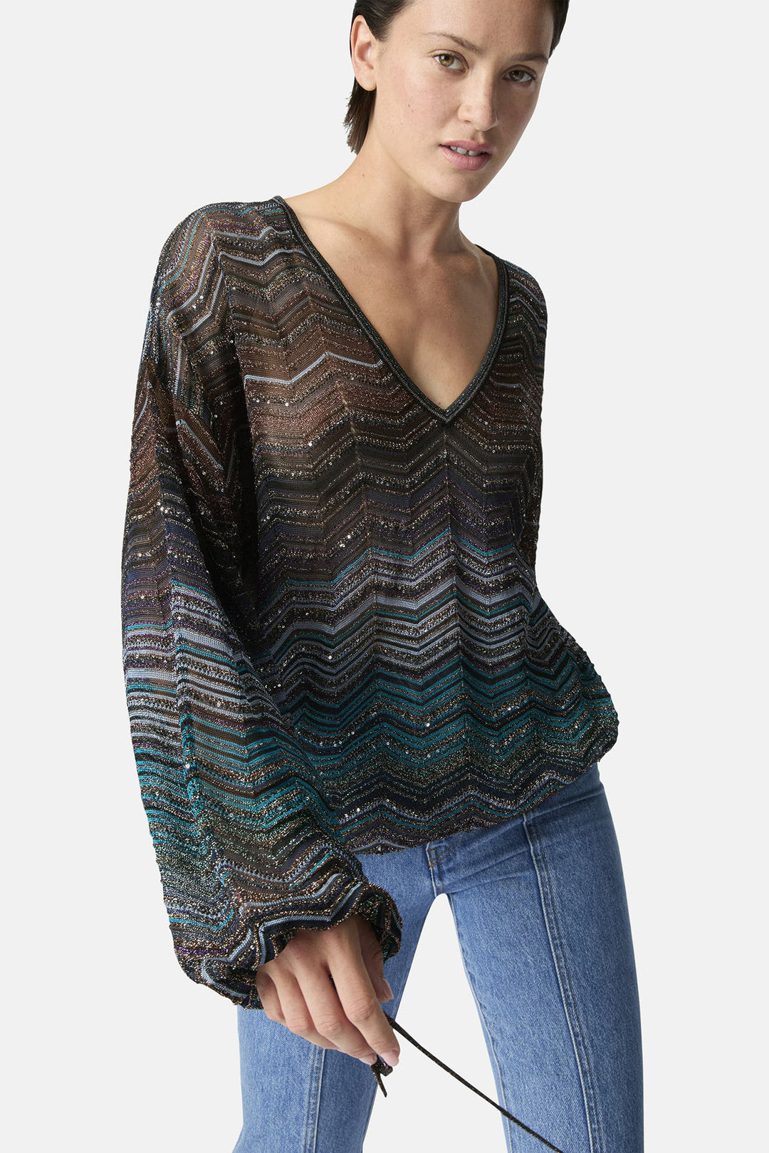 Chevron Lamé Viscose Blouse w/ Sequins Dark Tones - Green & Brown