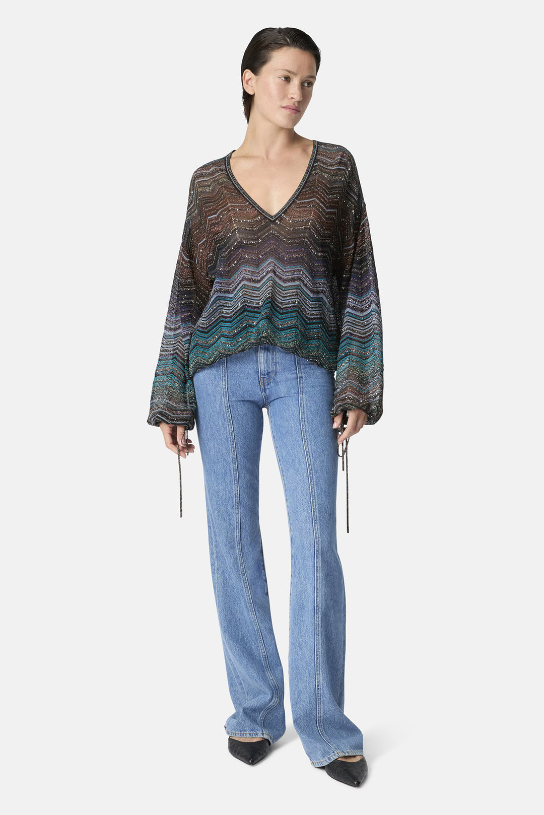 Chevron Lamé Viscose Blouse w/ Sequins Dark Tones - Green & Brown