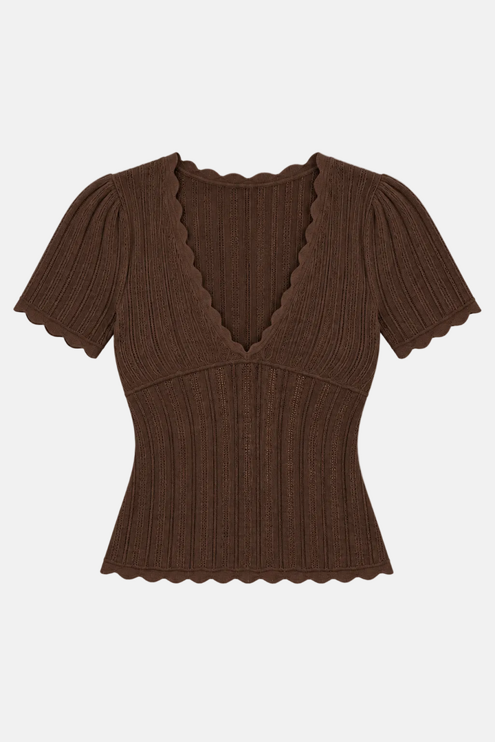 Kaia Pointelle V-Neck Top Chocolate