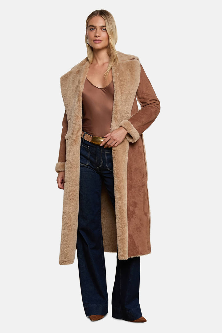 Citron Faux Fur Maxi Coat Sepia Brown/Light Almond