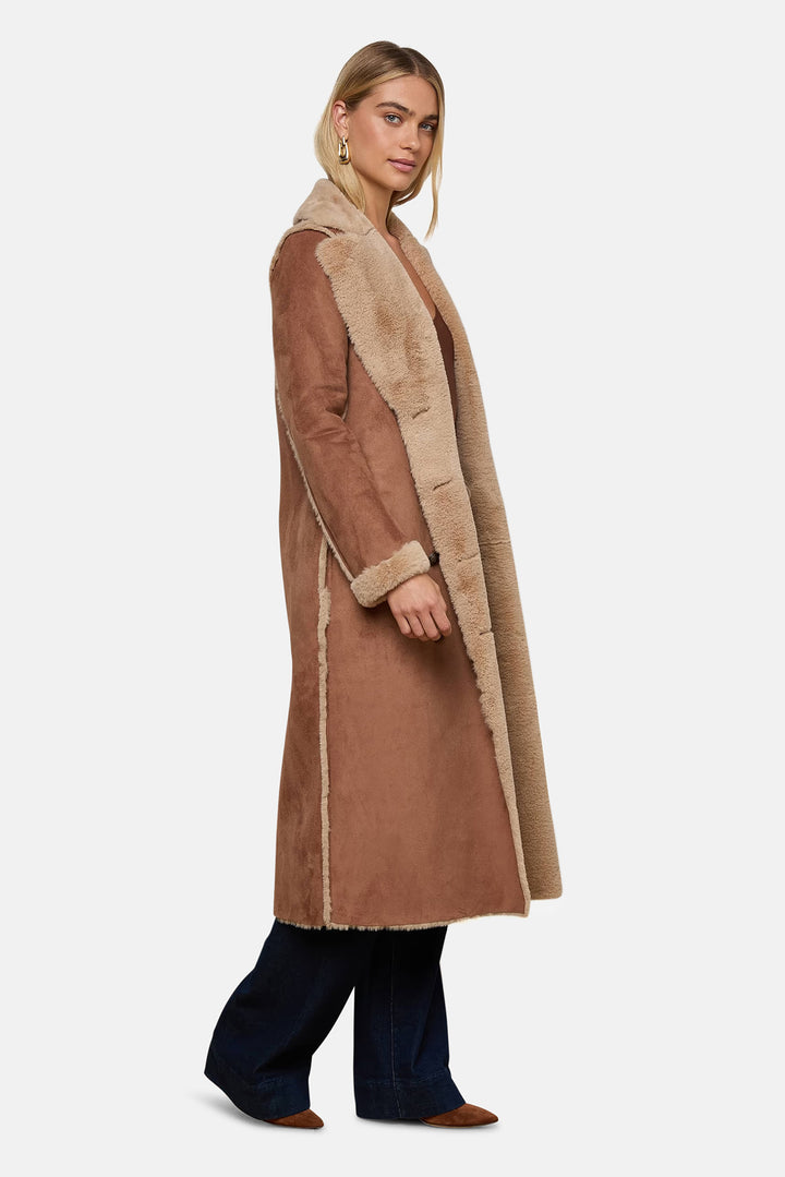 Citron Faux Fur Maxi Coat Sepia Brown/Light Almond