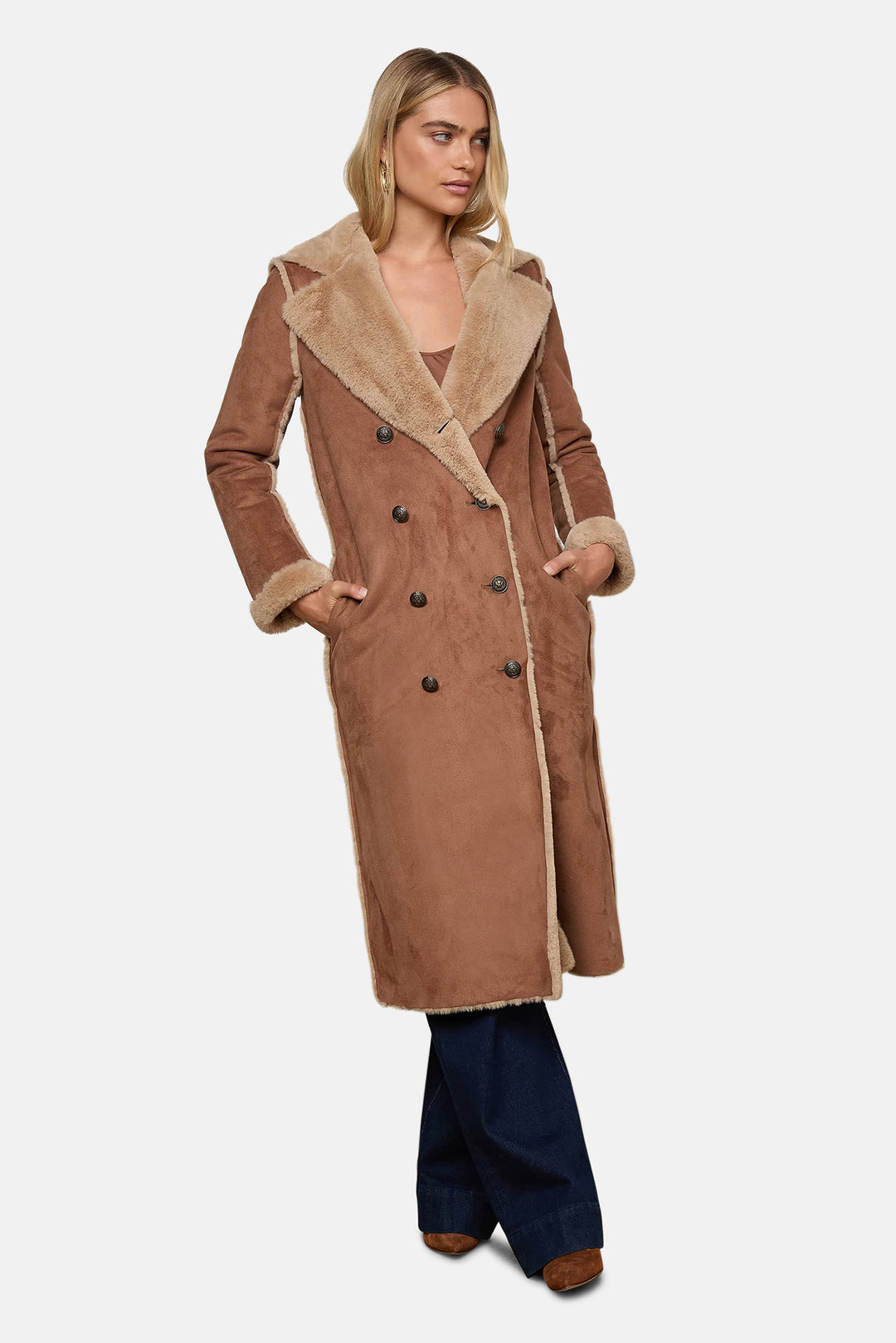 Citron Faux Fur Maxi Coat Sepia Brown/Light Almond