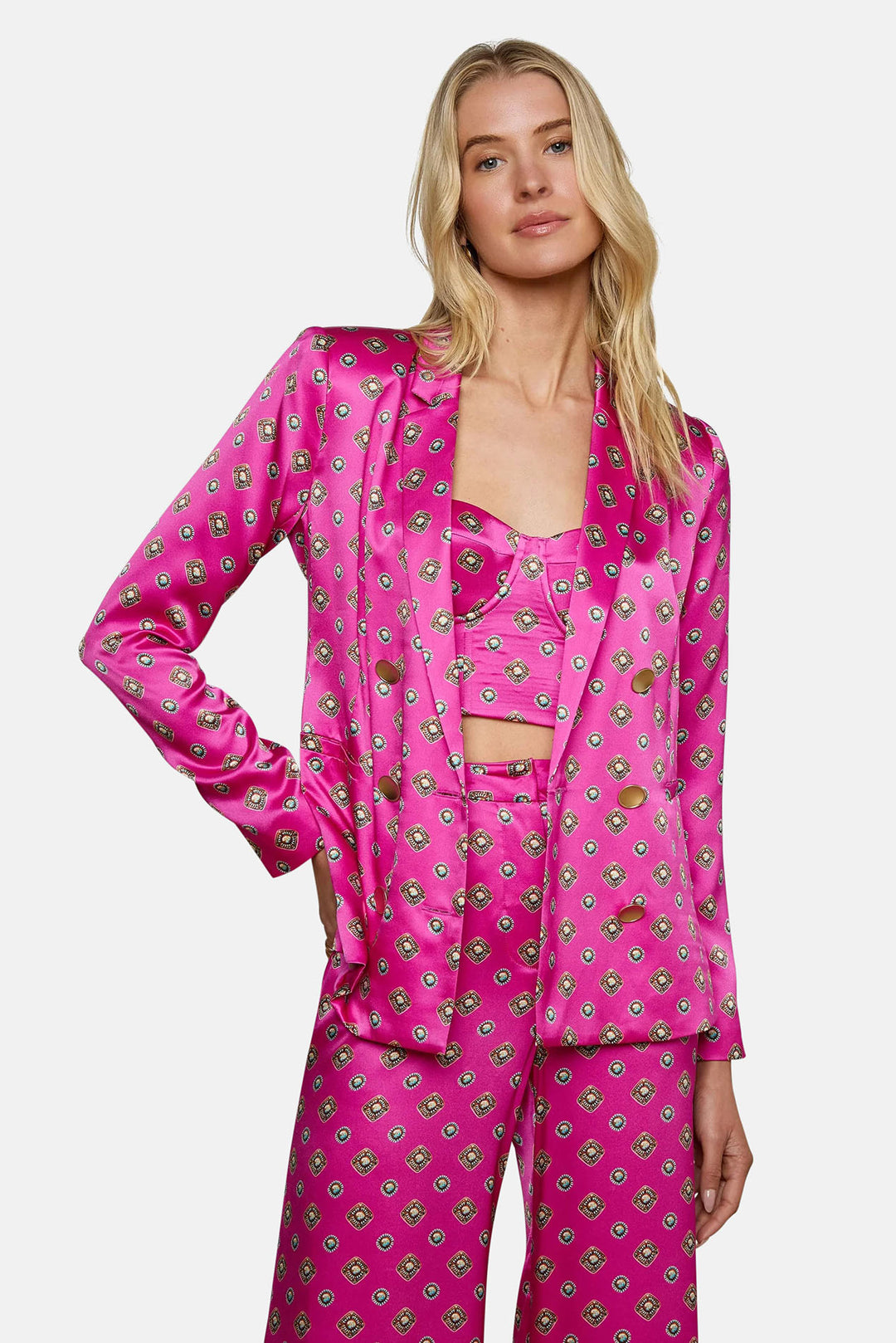 Colin Silk Blazer Fuchsia/Turquoise Southwestern Geo