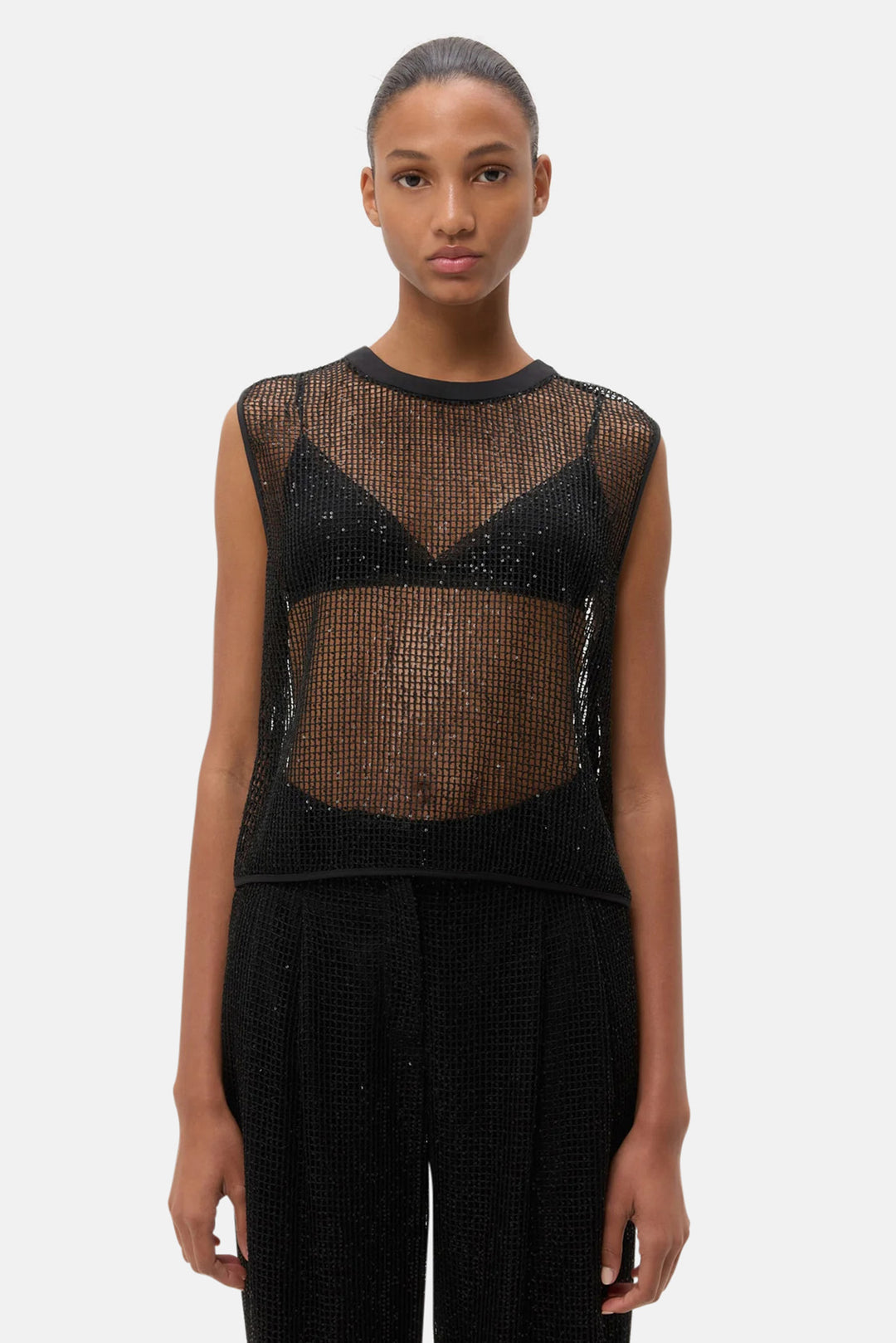 Cropped Muscle Tank Black Sequin