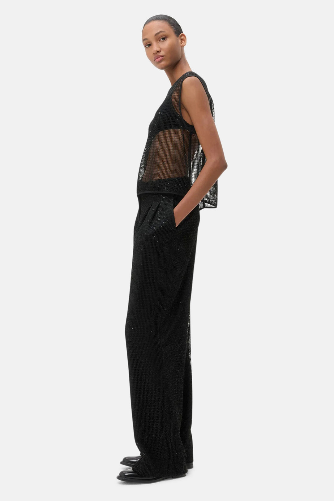 Cropped Muscle Tank Black Sequin