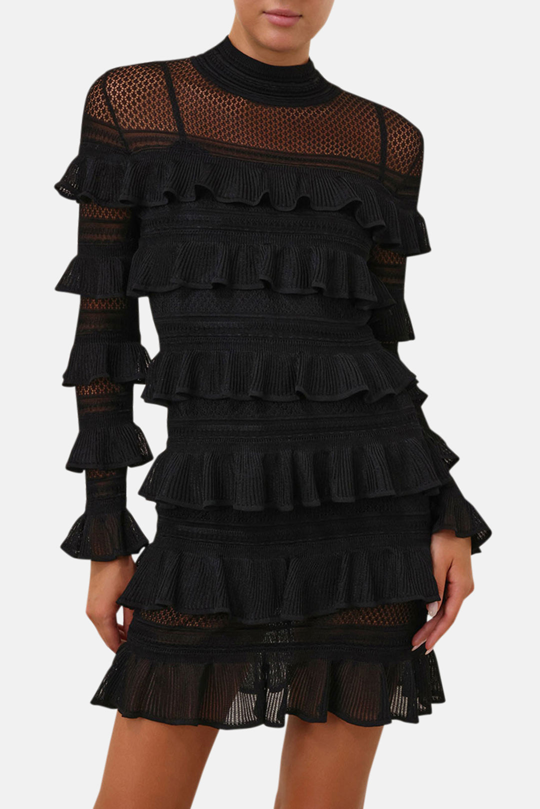 Zimmermann Crush High Neck Frilled Mini, Black, Size 0 Zimmermann Crush High Neck Frilled Mini, Black, Size 0
