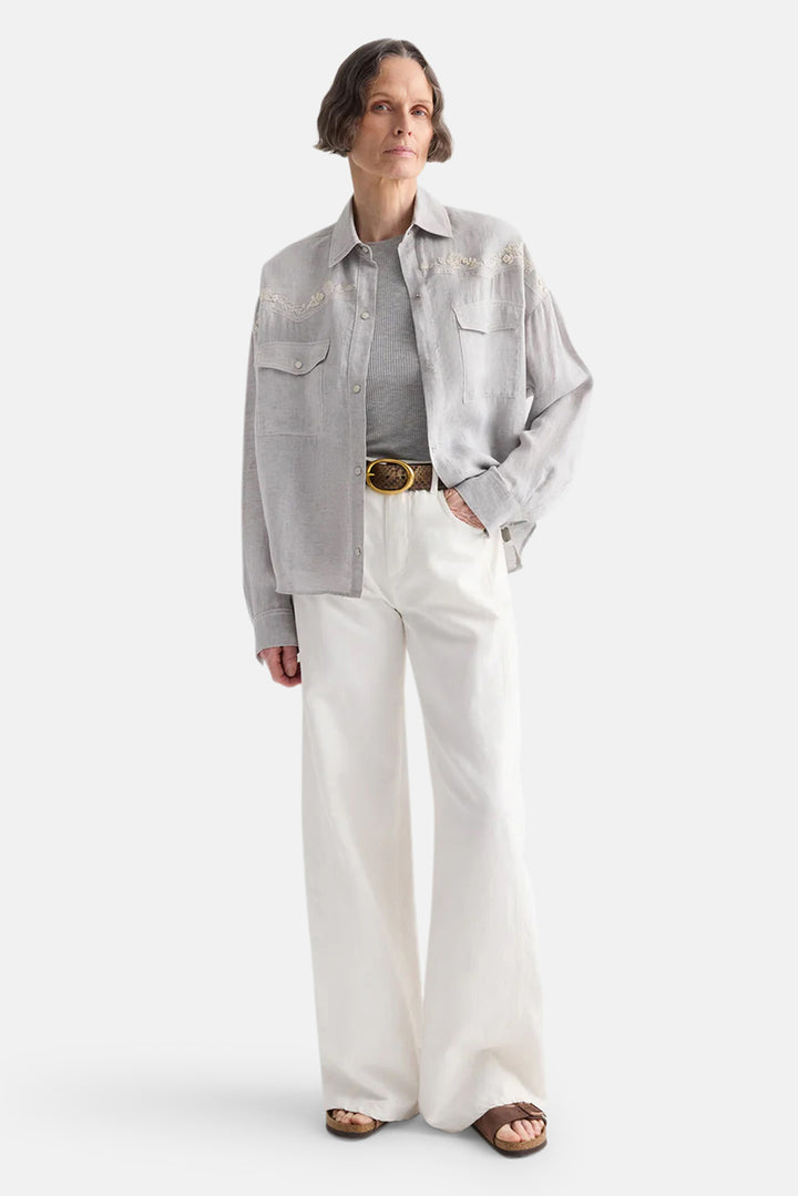 Carter Shirt w/ French Knots in Delave Linen Light Heather Grey