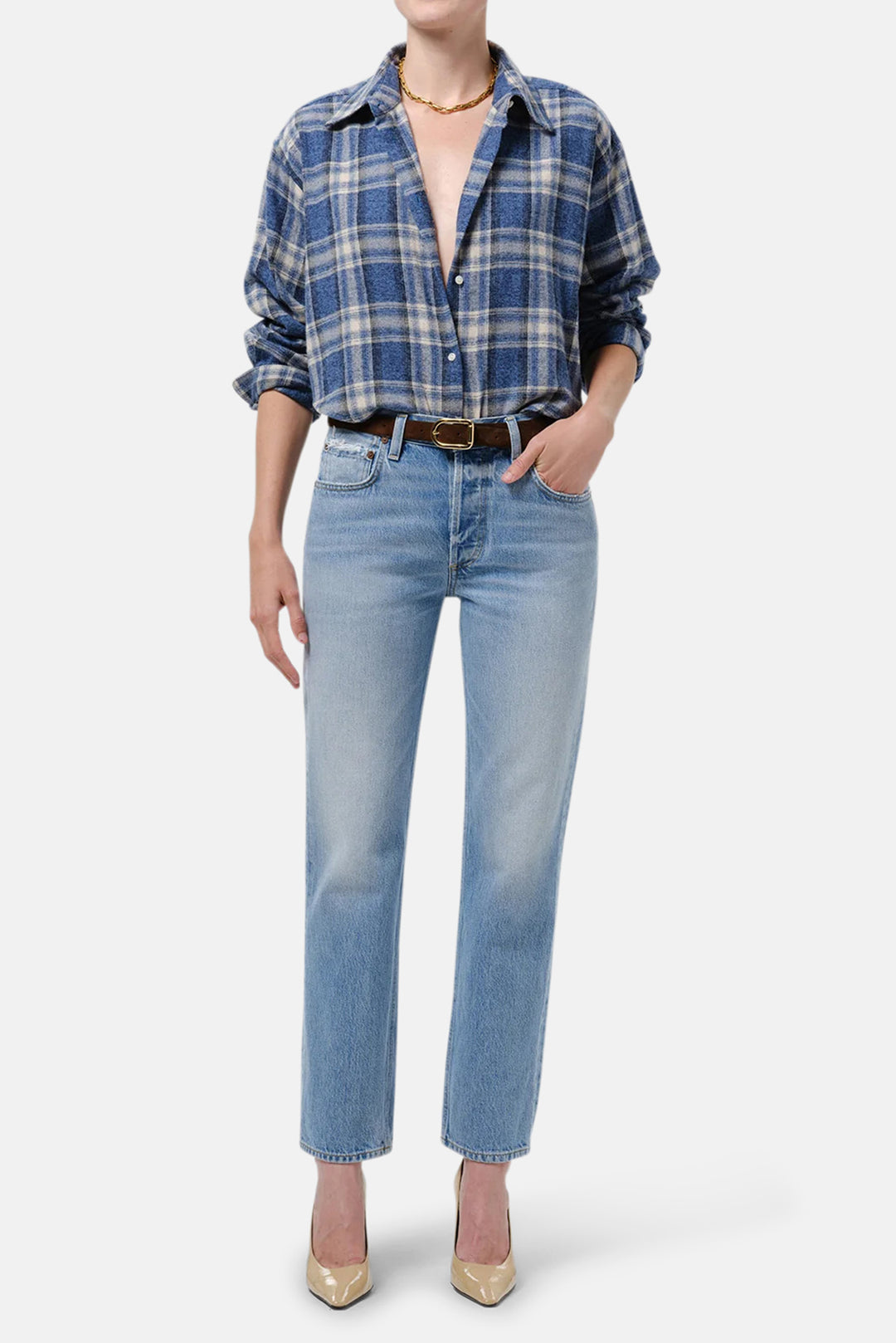 Ana Cropped Shirt in Marina Plaid