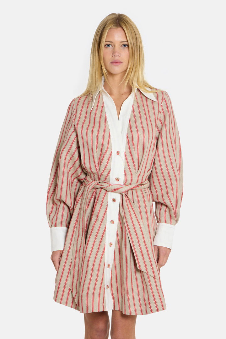 Alice Shirt Dress Beige/Red Stripe w/ White Collar