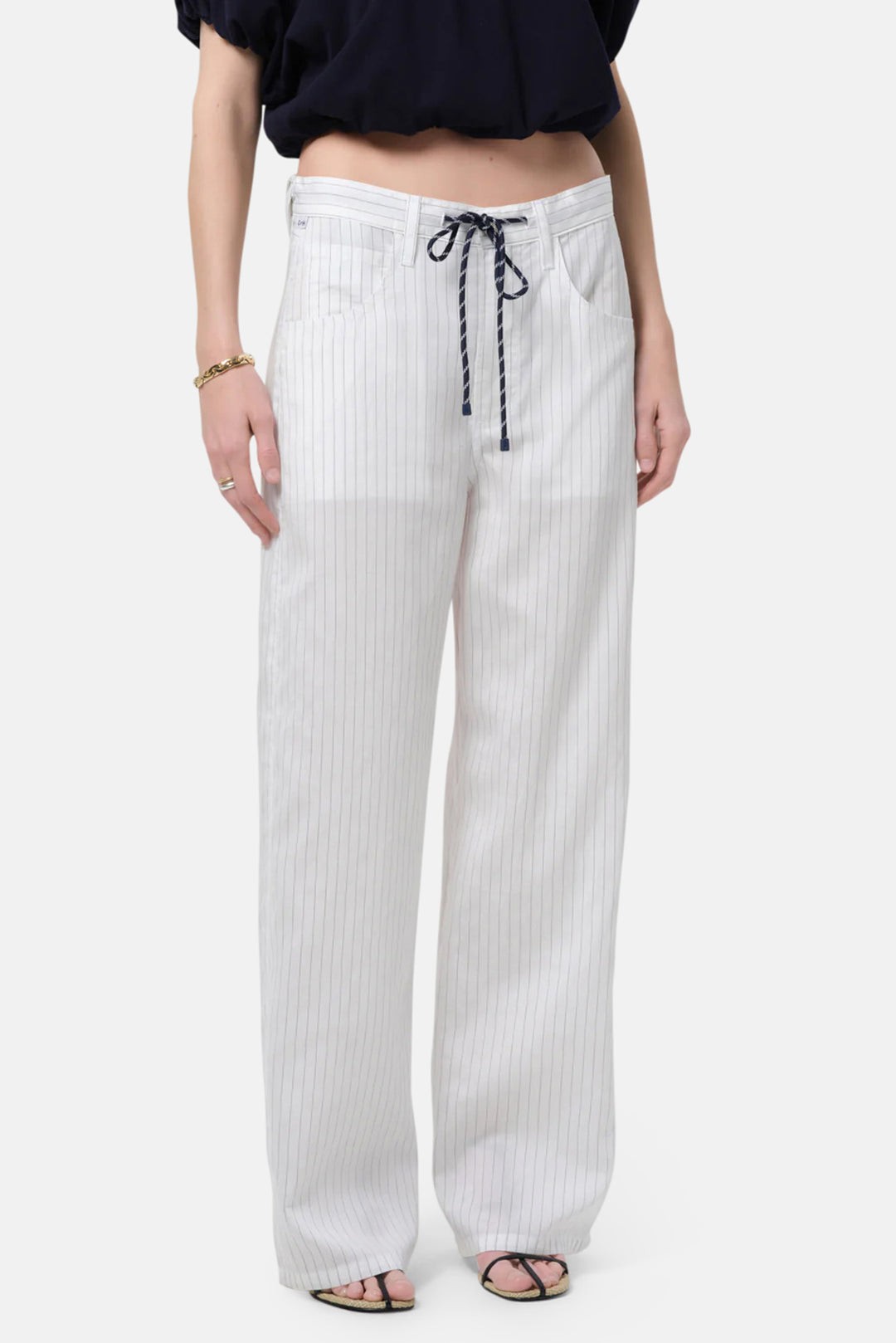 Brynn Drawstring Linen Trouser in Black Pinstripe