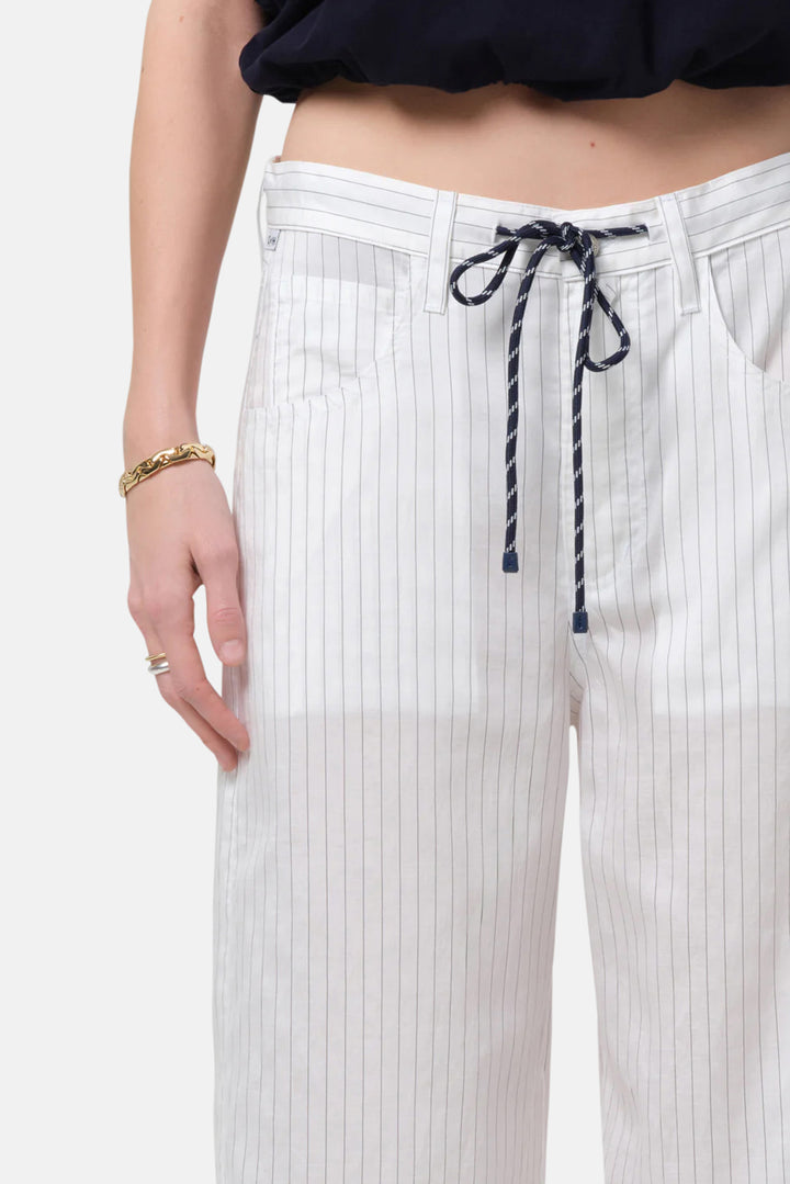 Brynn Drawstring Linen Trouser in Black Pinstripe