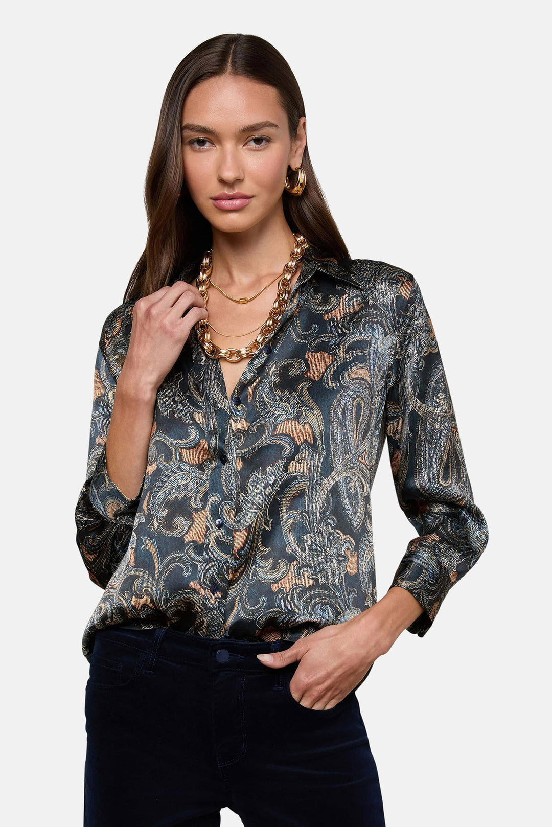 Dani Silk Blouse Midnight Multi Etched Paisley