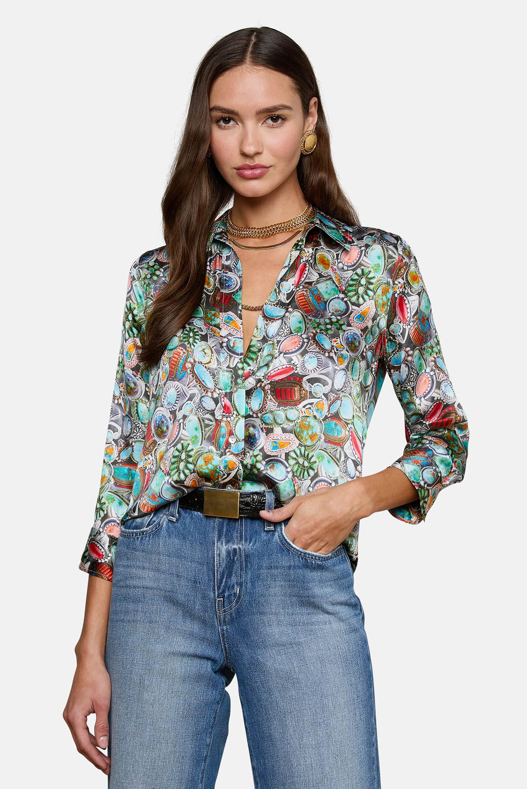 Dani Silk Blouse Multi Mix Turquoise Rings