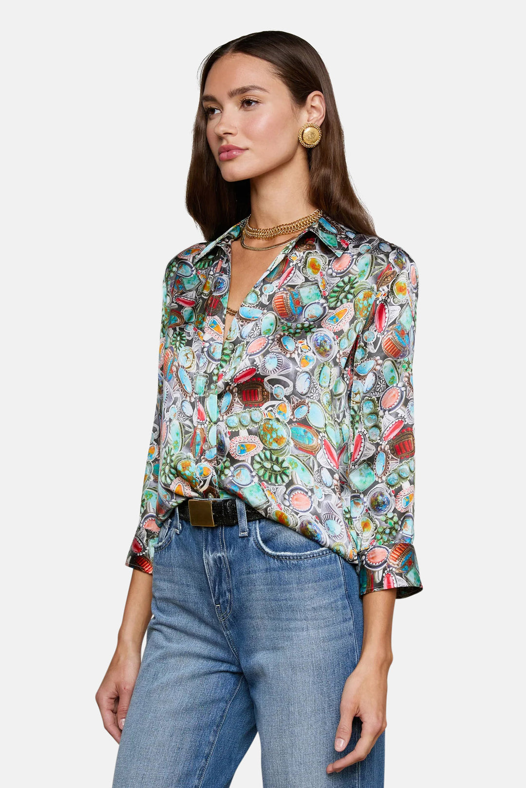 Dani Silk Blouse Multi Mix Turquoise Rings