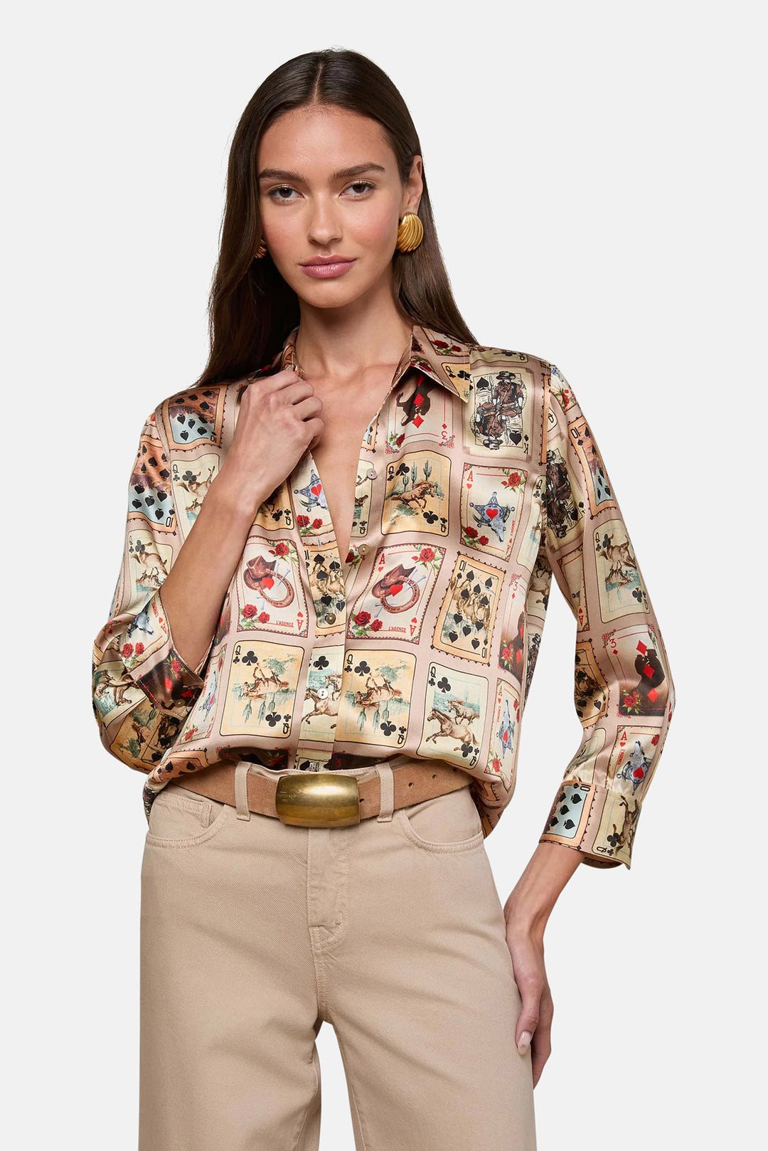 Dani Silk Blouse Tan Multi Western Cards