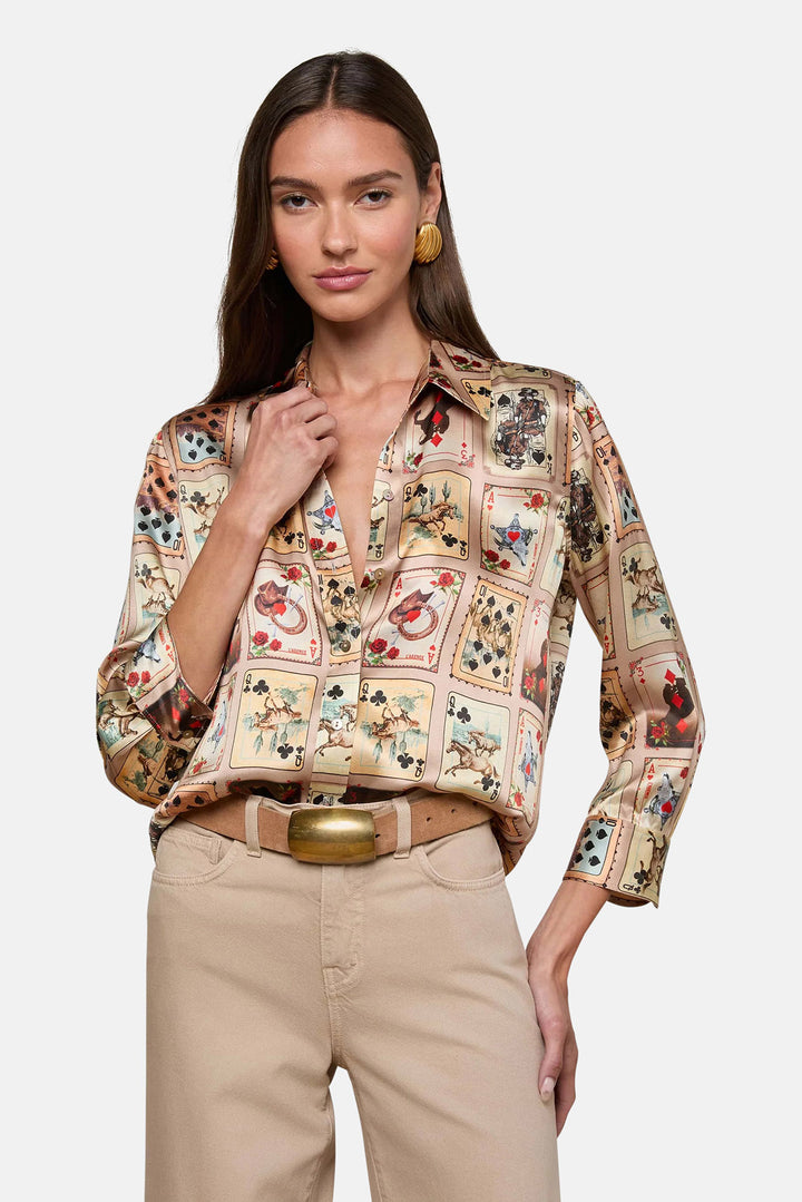 Dani Silk Blouse Tan Multi Western Cards